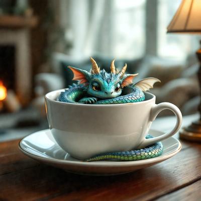 The primary subject of the image is a small toy dragon figurine sitting inside a white coffee cup. The setting is a cozy living room, with a couch and a chair visible in the background. The visual style is a combination of photo and digital art, creating a unique and whimsical scene. The dominant colors are white and green, giving the image a warm and inviting atmosphere.
